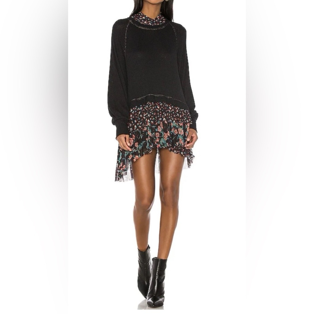 Free People Long Sleeve Mini Dress in Black & 3 Layer Floral Print Sheer Sz S/P